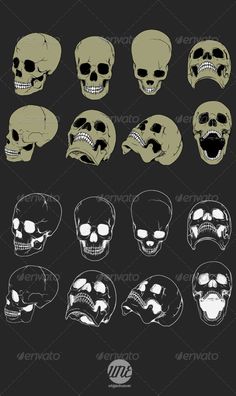 a bunch of skulls with different facial expressions