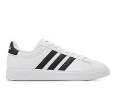 Synthetic leather upper with padded collar and fabric lining, Lace-up closure for a custom fit, Classic round toe, Cloudfoam Comfort insole and midsole system for all-day comfort, Durable rubber sidewall trim and traction outsole, adidas® branding details including iconic three stripes | Men's Adidas Grand Court 2.0 Sneakers in White/Black Size 10 Adidas Grand Court, Adidas Branding, Tennis Style, Striped Shoes, Shoe Carnival, Court Shoes, Synthetic Leather, Sneakers White, Step Up