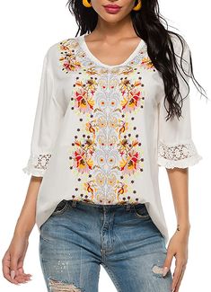 Western Shirt V Neck Boho Embroidered Mexican Shirts Short Sleeve Casual Tops Blouse Casual V-neck Embroidered Top With Multicolor Embroidery, Multicolor Floral Embroidered V-neck Top, Cotton V-neck Blouse With Embroidered Hem, Long Sleeve Tops With Floral Embroidery For Summer, Casual V-neck Top With Multicolor Embroidery, Casual V-neck Blouse With Geometric Embroidery, Summer Floral Embroidery Half Sleeve Tops, Crew Neck Blouse With Floral Embroidery, Summer Crew Neck Blouse With Floral Embroidery