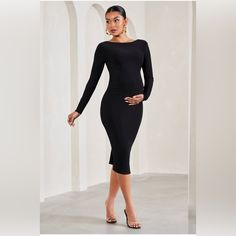 Crafted In Our Signature Stretch Jersey, Keep Comfort At The Forefront In Our Black Midi Embrace. Detailed By A Delicately Laced Cowl Back, This Maternity Dress Features Partial Ruching To Flatter Your Growing Figure. Perfect For Weddings, Date Nights Or Even Your Baby Shower, Embrace Is A Maternity Wardrobe Must-Have. Features - Premium Stretch Jersey - Bodycon Fit - Partially Ruched - Crew Neckline - Long Sleeves - Invisible Zip Closure - Self-Tie Cowl Back - Midi Length New With Tag Pregnant Dress Elegant, Beyonce Dress, Pink Maternity Dress, Maternity Wardrobe, Club L London, Midi Wrap Skirt, Maternity Midi Dress, Blue Dress Formal, Pregnancy Wardrobe