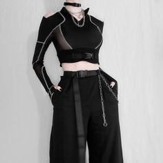 𝔇𝔢𝔱𝔞𝔦𝔩𝔰: Style: Gothic, Cyberpunk, Darkwear, Techwear, Streetwear Material: Spandex & Polyester, very stretchy and breathable material, perfect for the close-fitting design. Seductive, restless crop top with hollow-out and see-through design Super stretchable, it fits your body perfectly without making you feel rigid Enjoy free shipping with a purchase of over 80$ SIZE WAIST BUST LENGTH SHOULDERS 26-27 in 30-33 in 14.5 in 24 inM 27.5-28.5 in 31.5-34.5 in 15 in 24.5 inL 29-30 in 33-36 in 15.5 ... Cyberpunk Fashion Women, Black Aesthetic Fashion, Buckle Crop Top, Gothic Cyberpunk, Urban Witch, Techno Outfit, Techwear Streetwear, Style Gothic, Cyberpunk Fashion