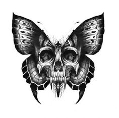 a black and white drawing of a butterfly skull