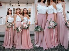 the bridesmaids are all wearing different styles of pink and white gowns, one is