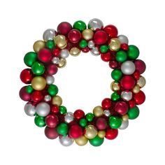 a christmas ornament wreath with red, white and green ornaments on it's side