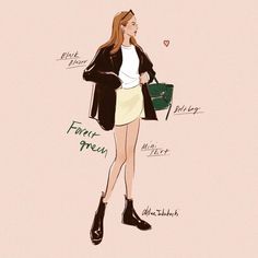 a drawing of a woman in black jacket and white shirt holding a green handbag