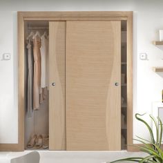 an open wooden closet door with shoes on the floor and clothes hanging in it, next to a potted plant