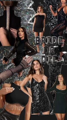 the collage shows different women in black dresses and high heeled boots, all with sequins on them