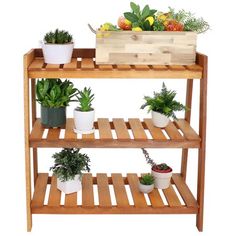 a wooden shelf filled with potted plants