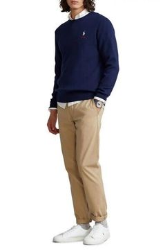 Polo Ralph Lauren men's Crewneck Sweater  color: Cruise Navy  size: Medium  Crewneck  Long sleeves  Pullover  Polo Pony chest embroidery  Rib-knit neck, cuffs and hem  Cotton  underarm to underarm 23.5"  collar to bottom 28"  R1410 Cotton V-neck Long Sleeve Sweater For Work, Cotton V-neck Sweater For Workwear With Long Sleeves, Classic Long Sleeve Cotton V-neck Sweater, Casual Fitted Cotton V-neck Sweater, Cotton Long Sleeve Sweater For Business Casual, Casual Cotton Sweater For Business Casual, Casual Cotton Sweater For Business, Casual V-neck Sweater With Ribbed Cuffs For Work, Casual V-neck Sweater For Business Casual