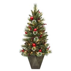 a potted christmas tree with red and white balls on it's top, in front of a white background