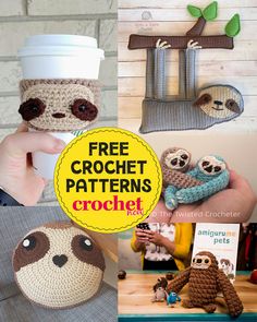 crochet coffee cup cozyies are featured in this collage