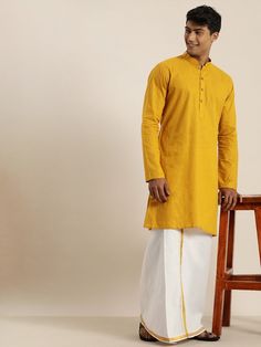 Vastramay Men's Mustard Cotton Kurta And Mundu Set Casual Traditional Wear For Eid, Casual Fitted Kurta For Diwali, Casual Cotton Kurta With Relaxed Fit, Festive Traditional Kurta With Relaxed Fit, Traditional Relaxed Fit Kurta For Festive Occasions, Casual Long Sleeve Kurta For Diwali, Casual Festive Traditional Wear With Long Sleeves, Casual Festive Long Sleeve Traditional Wear, Casual Long Sleeve Festive Traditional Wear