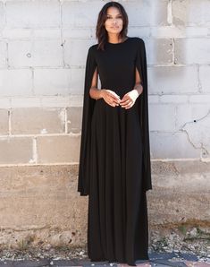 King Maeve Capelet Dress Sleek Black Maxi Dress, Black Dress Runway, Open Sleeve Dress, Black Plain Dress, Cape Sleeve Dress, Capelet Dress, Dramatic Sleeves, Tailored Clothes, Fall Attire