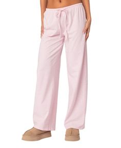 Edikted Olivia Striped Loose Fit Pants Pink Low Rise Pants, Cute Casual Pants, Pink Wide Leg Sweatpants, Pink Girly Clothes, Pink Striped Pants, Edikted Outfit Aesthetic, Light Pink Sweatpants, Everyday School Outfits, Pink Linen Pants