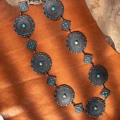 Rustic Couture Western Southwestern Medallion Concho Link Chain Belt - Cowgirl Wear Western Brown Belt With Concho, Belt Inspiration, Luxury Bohemian Concho Belt, Brown Concho Belt, Vintage Silver Concho Belt, Vintage Turquoise Belt With Concho, Concho Belt, Link Design, Chain Belt