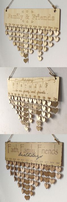 two wooden signs with hearts hanging from them and the words faith family friends on them