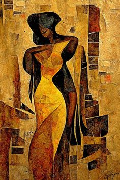 an abstract painting of a woman in yellow