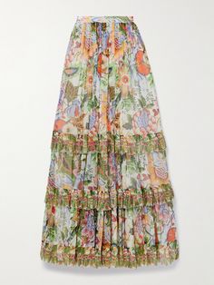 Etro's maxi skirt is designed to be worn with the coordinating blouse, but it'll look just as good pared back with a tonal tank. Cut from silk-crepon that's printed with a romantic floral motif, it has a whimsical tiered silhouette that features distinct pleats and gathers for added texture. Summer Floor-length Maxi Dress With Voluminous Skirt, Summer Maxi Dress With Voluminous Floor-length Skirt, Summer Silk Maxi Skirt With Voluminous Fit, Voluminous Silk Maxi Skirt For Summer, Bohemian Summer Maxi Skirt For Daywear, Flowy Maxi Skirt For Daywear, Spring Bohemian Silk Maxi Skirt, Bohemian Silk Maxi Skirt For Spring, Spring Bohemian Dress With Voluminous Skirt