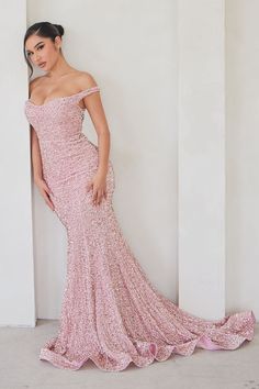 Alora Sequin Maxi Gown - Rose Gold Prom Dresses Short Blue, Textured Gown, Rose Gold Prom Dress, Gown Off Shoulder, Horsehair Hem, Pageant Hair, Rose Gold Fashion, Gold Prom Dresses, Fashion Network