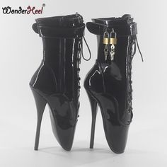 Wonder Heel 7" Stiletto Heel Sexy Shoes Black Locked Padlock Ankle Ballet Boots | eBay Ankle Lace Up Boots, High Heel Black, Goth Outfit Ideas, Ballet Boots, Ballet Heels, Lingerie For Men, Black High Heels, Role Play, Calf Boots