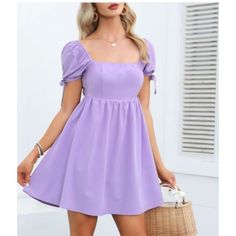 Exlura Womens Square Neck Babydoll Dress Backless High Waist Tie Back Short Puff Sleeve Summer Mini Dress Sundress New With Tags Size Medium Lilac Purple 95% Polyester, 5% Spandex Adorable Comfortable, Breathable, Quick Dry, Skin-Friendly, Durable, Lined, Soft Touch Dress This Cute Dress Is Backless, Has A Square Neck, Tie Back, Bowknot, Tie Knot Cuff, High Waist, A-Line Silhouette, Short Puff Sleeve, Mini Length, Solid Color, Cut Out, Baby Doll Dress. The Color May Vary Due To Lighting On My De Baby Doll Dress For Teens, Purple Baby Doll Dress, Purple Dress Puff Sleeves, Lavender Dress Aesthetic, 6th Grade Dance Dresses, Short Lavender Dress, Baby Purple Dress, Purple Babydoll Dress, Purple Dress Short