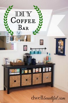 there is a coffee bar with baskets on the bottom and shelves above it, along with other items