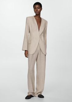 100% linen suit blazer - Women | Mango USA Linen Suits Women, Blazer Suit Women, Flower Pants, Contemporary Wardrobe, Singlet Tops, Linen Suits, Blazer Beige, Linen Suit, Tailored Blazer