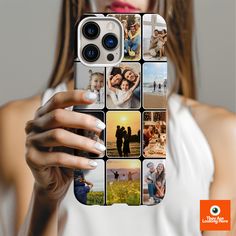 a woman holding up an iphone case with multiple photos on the front and back cover