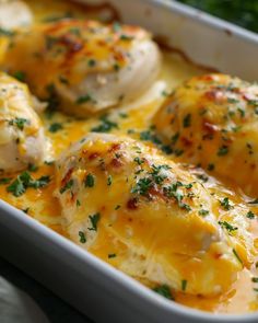 a casserole dish with chicken and cheese