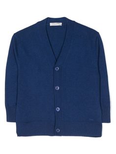 indigo blue fine knit ribbed V-neck front button fastening long sleeves ribbed cuffs and hem straight hem Blue V-neck Fine Knit Sweater, Blue V-neck Cardigan With Buttons, Blue V-neck Sweater With Button Closure, Blue Knit Cardigan With Ribbed Cuffs, Casual Navy Outerwear With V-neck, Blue Fine Knit Long Sleeve Cardigan, Blue Cardigan With Ribbed Collar For Winter, Blue Ribbed Knit Outerwear, Blue Winter Tops With Button Cuffs