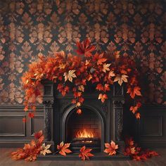 a fireplace with autumn leaves on the mantle