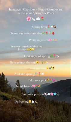 a poster with the words spring and flowers on it in front of a mountain range