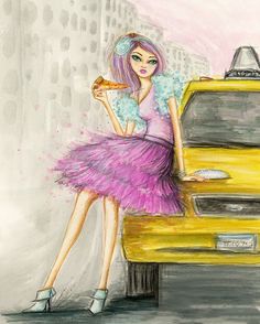 a drawing of a woman leaning on the hood of a yellow taxi cab eating pizza