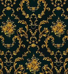 an ornate wallpaper with gold flowers and leaves on a dark green background in the style of damask