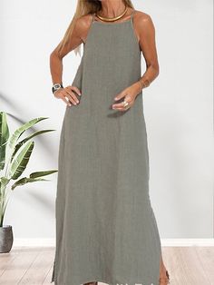 Elegant Loungewear Dress, Linen Nightdress, Side Split Maxi Dress, Cami Maxi Dress, Dress Sleeve Length, Spaghetti Strap Maxi Dress, Cotton Linen Dresses, Split Maxi Dress, Cotton Fashion