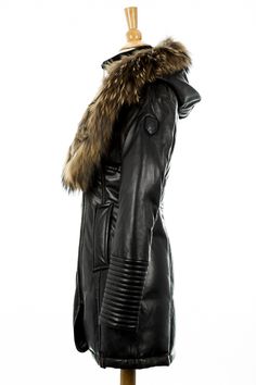 Adelyna Leather Coat With Fur Trim | Rudsak | Coat – Dejavu NYC Luxury Faux Fur Coat For Cold Weather, Fitted Faux Fur Outerwear With Detachable Hood, Fitted Parka With Faux Fur Trim For Cold Weather, Luxury Hooded Faux Fur Outerwear, Fitted Leather Fur Coat With Faux Fur Lining, Fitted Sheepskin Leather Jacket With Faux Fur Trim, Luxury Hooded Fur Coat For Cold Weather, Luxury Fur Coat For Cold Weather, Luxury Hooded Parka For Cold Weather