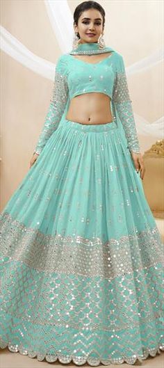 Blue color Lehenga in Georgette fabric with Embroidered, Sequence, Zari work Blue Sequined Sets For Wedding, Blue Sequined Wedding Set, Light Blue Resham Embroidery Choli For Wedding, Traditional Blue Sequin Choli, Blue Floor-length Sequined Choli, Blue Sequined Sets For Festivals, Light Blue Georgette Lehenga For Wedding, Light Blue Embroidered Choli For Reception, Blue Sequined Traditional Wear With Drape