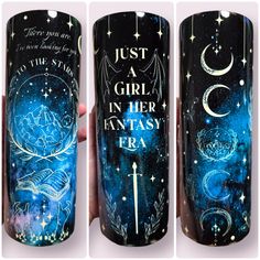 three different views of the same cup with stars and moon designs on it, one is blue