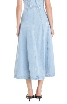 Traditionally rugged denim gets a refined upgrade in this paneled midi skirt boasting an effortlessly cool light wash and a full A-line silhouette. Zip fly with button closure Side-seam pockets 100% cotton Machine wash, tumble dry Imported Spring Denim Blue Midi Length Denim Skirt, A-line Denim Bottoms For Spring, Spring A-line Denim Bottoms, Spring Midi Length Denim Skirt, Spring A-line Bottoms With Button Closure, Spring A-line Denim Skirt, Spring Medium Wash Denim Midi Skirt, Relaxed Midi Denim Skirt For Spring, Relaxed Midi-length Denim Skirt For Spring