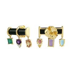 These vibrant stud earrings, crafted in 14K yellow gold, feature a dazzling array of rainbow gemstones. The colorful stones create a lively and eye-catching design, perfect for adding a pop of color to any outfit. A playful yet elegant accessory that brings a touch of joy and sophistication to your look. This Earrings is handmade in 14k Yellow Gold : 4. 458 grams , and Onyx : 5. 433 cts  Amethyst : 0. 944 cts , Sapphire: 0. 769 cts ,Blue Topaz: 0. 492 cts, Emerald: 0. 369 cts ,Pink Tourmaline: 0 Fusion Style Multi-stone Yellow Gold Earrings, Yellow Gold Multi-stone Fusion Earrings, Modern Yellow Gold Multi-stone Earrings, Modern Multi-stone Yellow Gold Earrings, Colorful Stones, Rainbow Gemstones, June Birthstone Jewelry, August Birthstone Jewelry, July Birthstone Jewelry