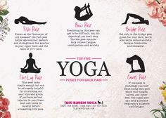 yoga poses for back pain info sheet with pink flowers on white background and black text