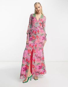 Hope & Ivy tie front split maxi dress in pink floral | ASOS Split Maxi Dress, Floral Shop, Floral Style, Well Dressed, Wedding Guest, Pink Floral, Ivy, Asos, Split