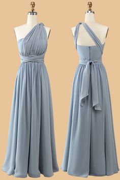 two dresses on mannequins, one in blue and the other in grey