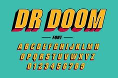 the font and numbers for dr doom, an old school comic book style alphabet