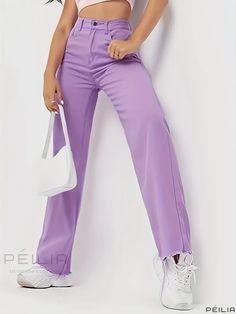 Peilia - High-Waist Straight Leg Denim Jeans with Raw Hem - Loose Fit Casual Pants for Women Casual High-rise Purple Pants, Casual High Rise Purple Pants, High Rise Purple Bottoms With Pockets, Trendy Mid-rise Purple Pants, Chic Purple Solid Color Bottoms, Spring Purple Mid-rise Pants, High Waist Solid Purple Bottoms, Wide Legs Jeans, Casual Pants For Women