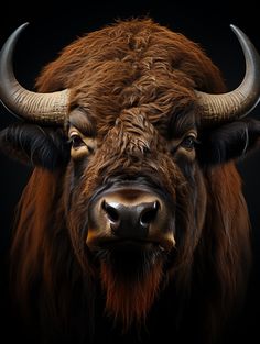 an image of a bison with large horns on it's head and long horns