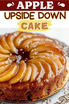 an apple upside down cake on a plate with the title above it that reads, apples upside down cake