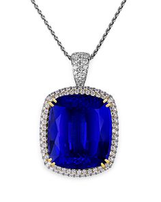 A monumental 104.39-carat cushion-cut tanzanite is the star of this eye-catching pendant. The gem has been certified by the American Gemological Laboratories (AGL) as being untreated, meaning that no clarity or thermal enhancements have been used to achieve its vivid purplish blue color. Virtually all tanzanite stones are heat treated, so a perfect untreated stone such as this one is an extraordinary find. As its certification states, "The unusual combination of size, provenance and quality fact Gem Drawing, Tanzanite Pendant, Tanzanite Necklace, Beautiful Gemstones, Tanzanite Jewelry, Tanzanite Stone, Semi Precious Gems, Antique Pendant, Emerald Jewelry