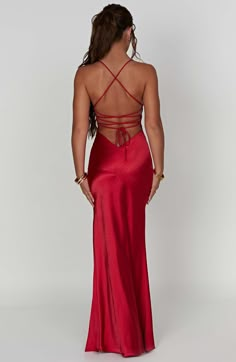 If you are looking for a super soft. romantic silhouette that skims over the body and enhances your figure. meet the Isobel maxi. Made from our silky soft satin with a bias cut. Isobel features a plunge neck. super low back with tie straps and a thigh high split.  Colour: Red.  Non stretch bias cut satin. Thigh high split. Plunge v-neck. Hugs the figure. Super low back with tie straps. Maxi length. Model is a size XS and is wearing an XS Homecoming Dresses Corset, Midi Dress Wedding Guest, Romantic Silhouette, Maxi Dress Sale, Sparkle Dress, Dresses By Length, Pink Maxi Dress, Formal Dresses Prom, Flowy Dress