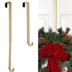 a christmas wreath and two door handles with pine cones